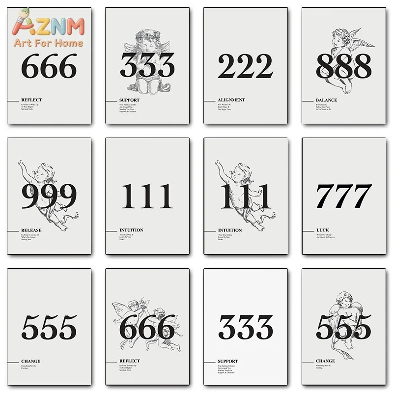AZNM Angel Number Canvas Wall Art Vintage Cherub Sketch Minimalist Numerology Spiritual Aesthetic Room Decor Unframed
