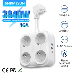 EU Power Strip Multi Outlet with 4 AC Outlets 2 USB A And 1Type C Port Fast Charging 3840W Multiple Extension Socket For Travel