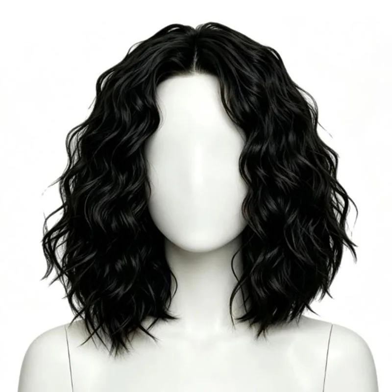 Young lady's work hairstyle, classic black wig, slightly curly, breathable and comfortable hair cover