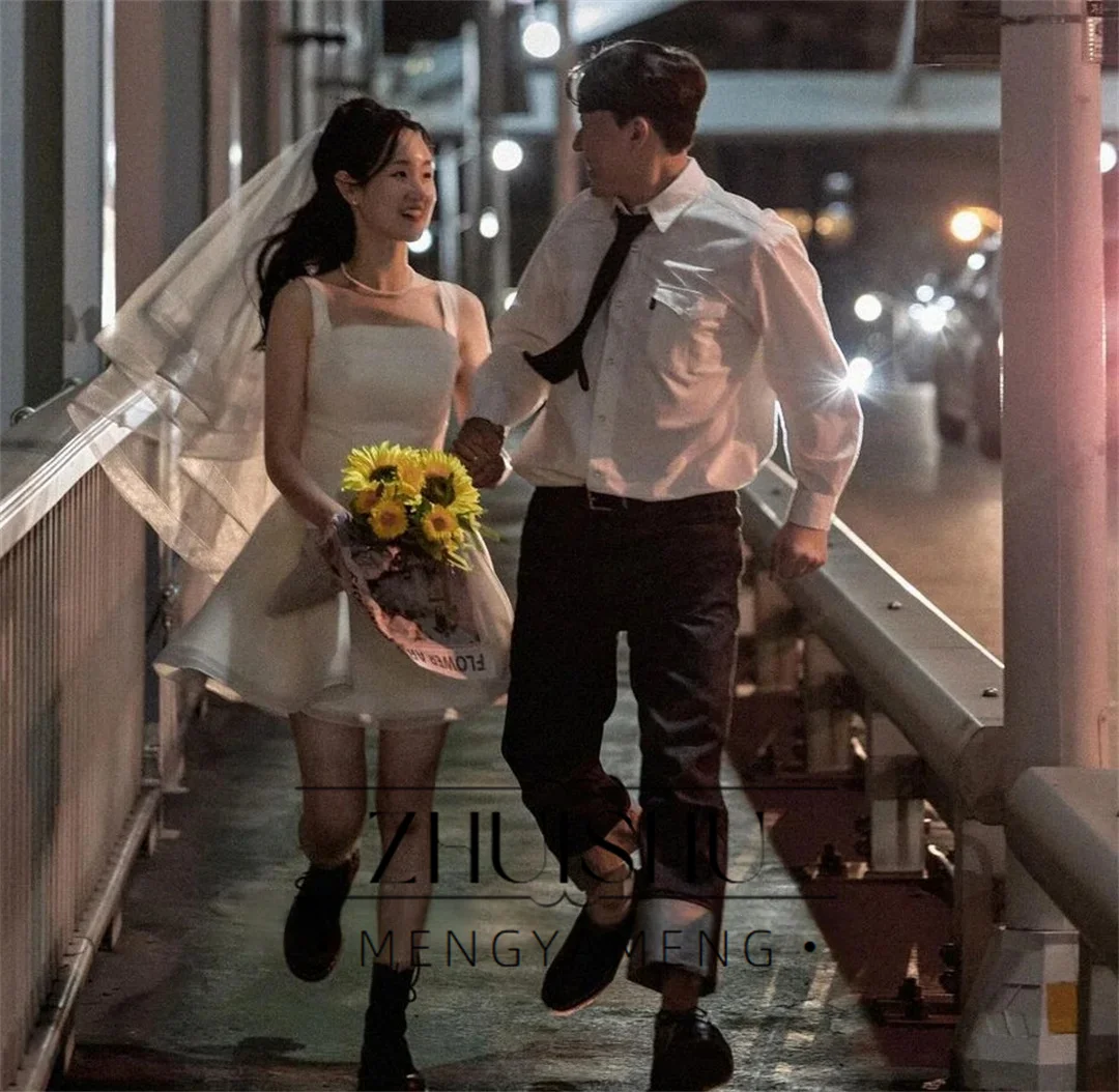 韓国アイボリースクエアネックウェディングドレス 웨딩드레스 ノースリーブサテンミニ膝上丈かわいいカスタマイズされた花嫁ドレスプラスサイズ