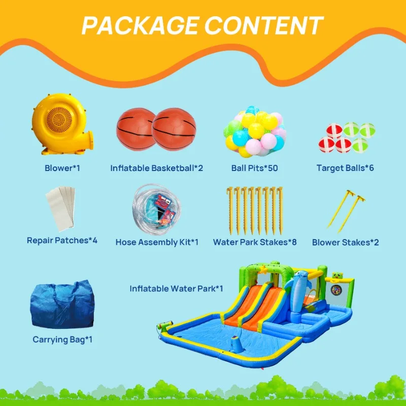 9 in 1 for Endless Fun Inflatable Bounce House with Blower Shower Soak Pool Sprinkler Fountain Water Gun Target for Kids