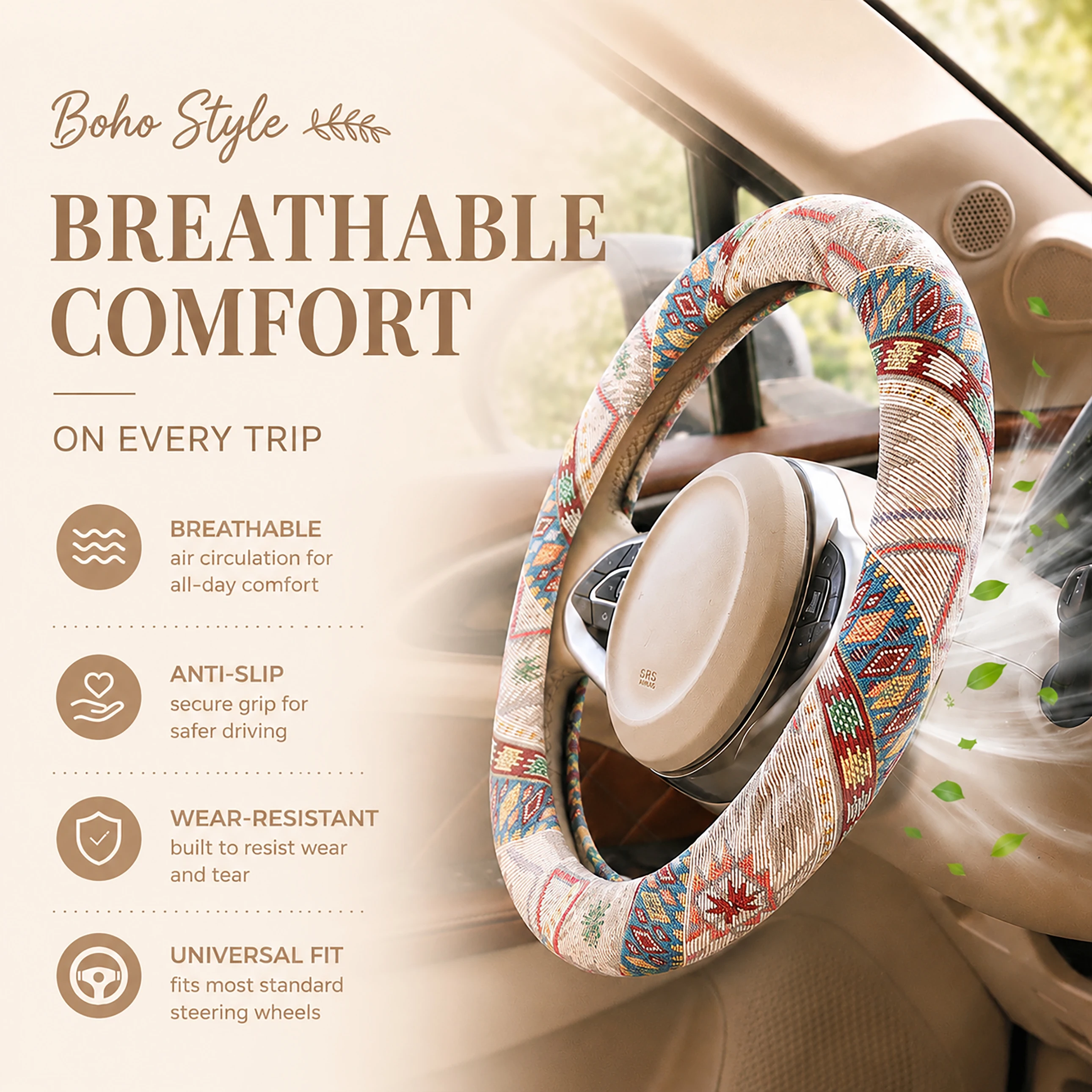 Bohemian-style car steering wheel cover, with inner ring design, wear-resistant and non-slip, car interior accessory