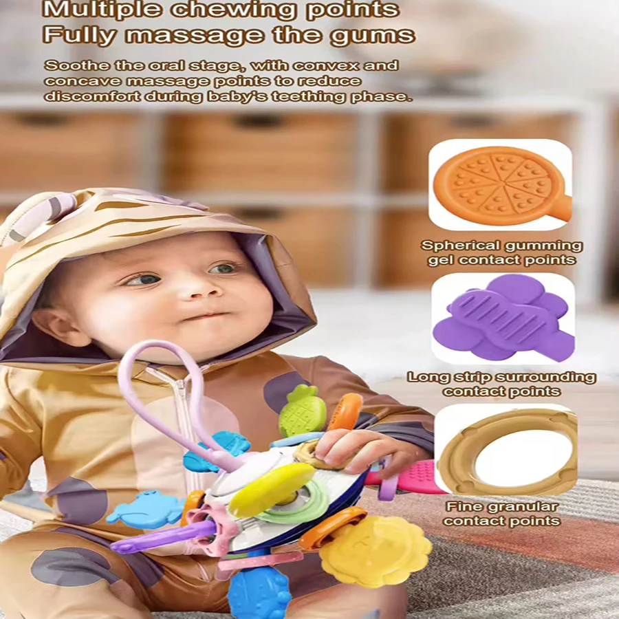 1pc Montessori 0-12 Months Baby Sensory Rattle Teether Toys , Grasping Activity Development Silicone Toys,Birthday ChristmasGift