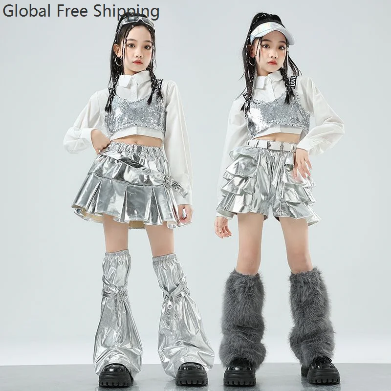 

Jazz Dance Silver Girls' Street Dance Roleplay T-shirt Trousers Set Street Hip-hop Dance Rave Costume Stage Performance Outfit