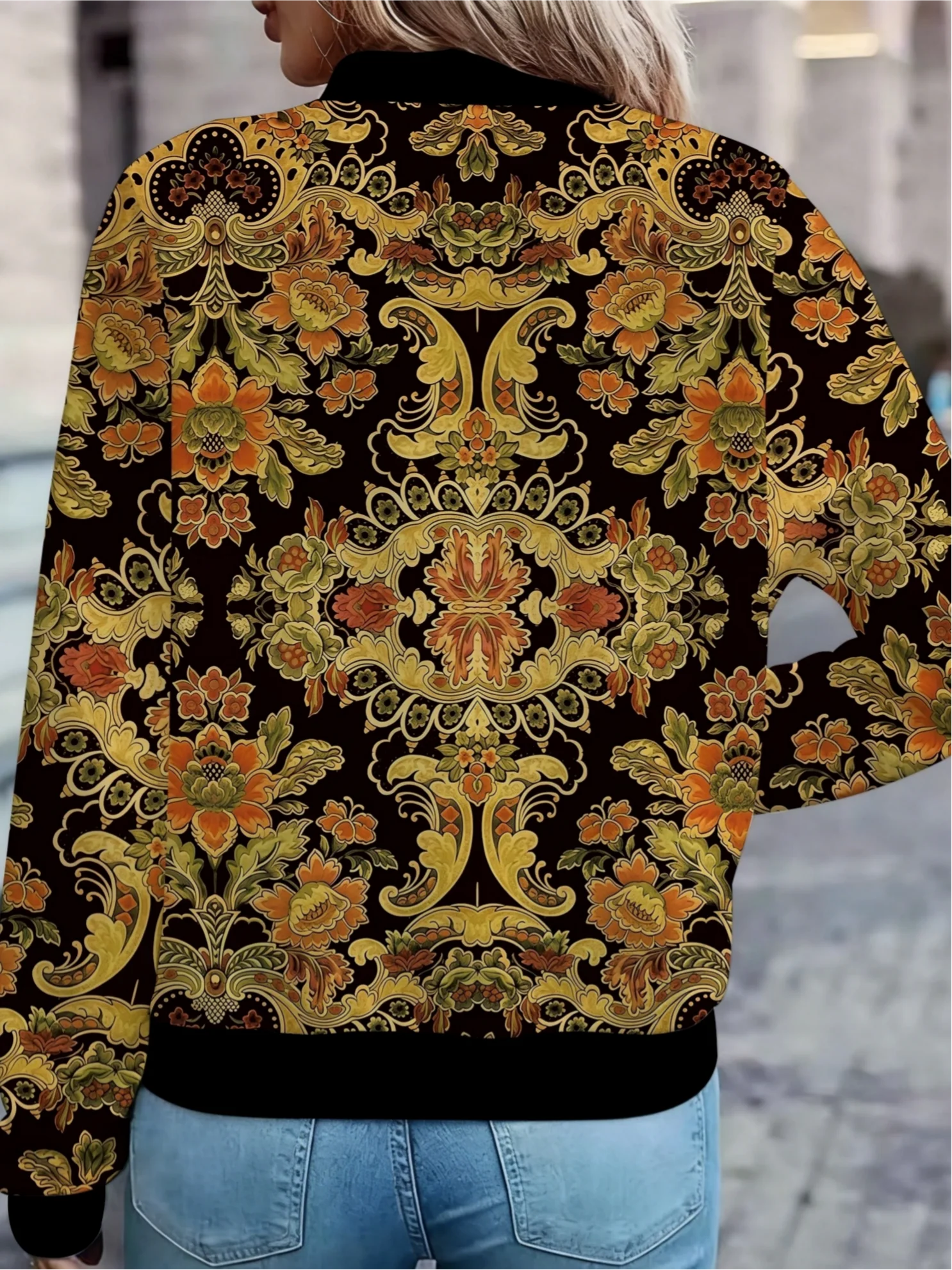 Black Base with Gold European-Style Floral Pattern Zip-Up Cardigan Jacket, Vintage Court-Style Casual Jacket Top