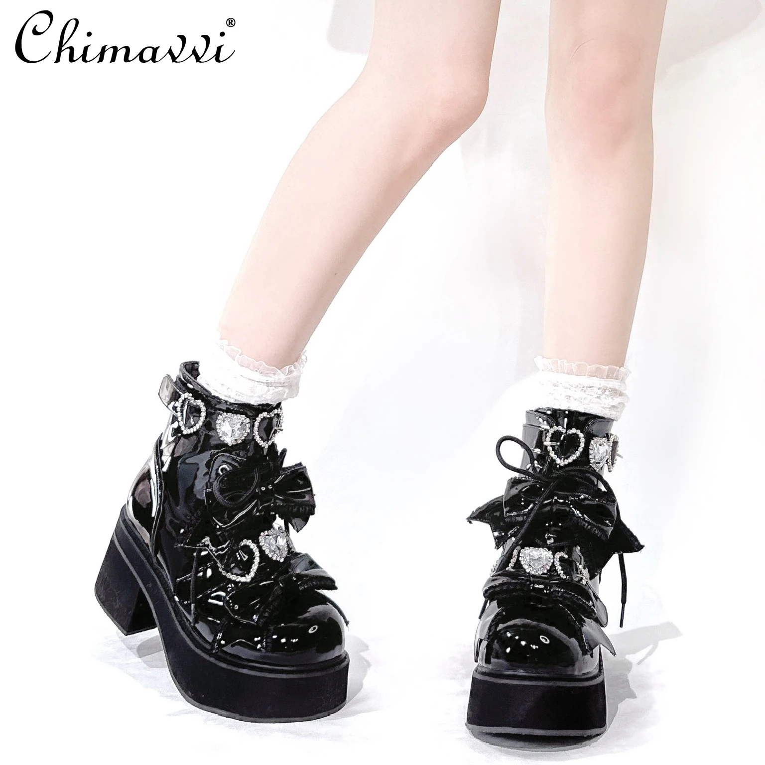 

Original Japanese Mine Bow Lace Mass-produced Platform Boots Spring New Fashion Women's Low-heeled Student Patent Leather Shoes