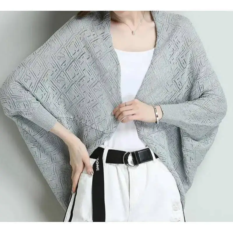 

Spring Summer Blouses Wear Women Ice Silk Knitted Cardigan Sunproof Hollow Shawl Poncho Lady Capes Knitting Blue Cloaks