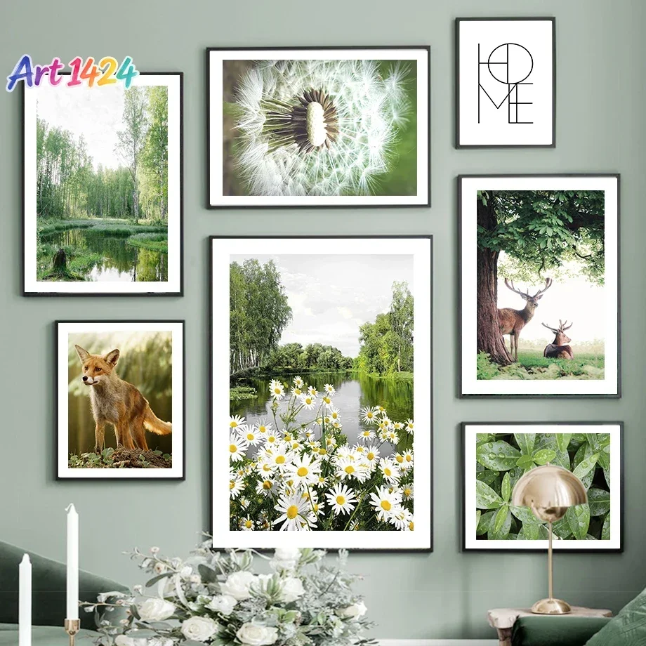 1pc frameless Canvas painting Nature Forest Lake Deer Fox Dandelion Train Flower Posters Prints Canvas Painting Wall Art Pict