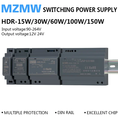 Alimentation de commutation sur Rail DIN série HDR, 15W 30W 60W 100W 150W 110V 220V AC/DC 12V 24V, transformateur SMPS Ultra-fin industriel