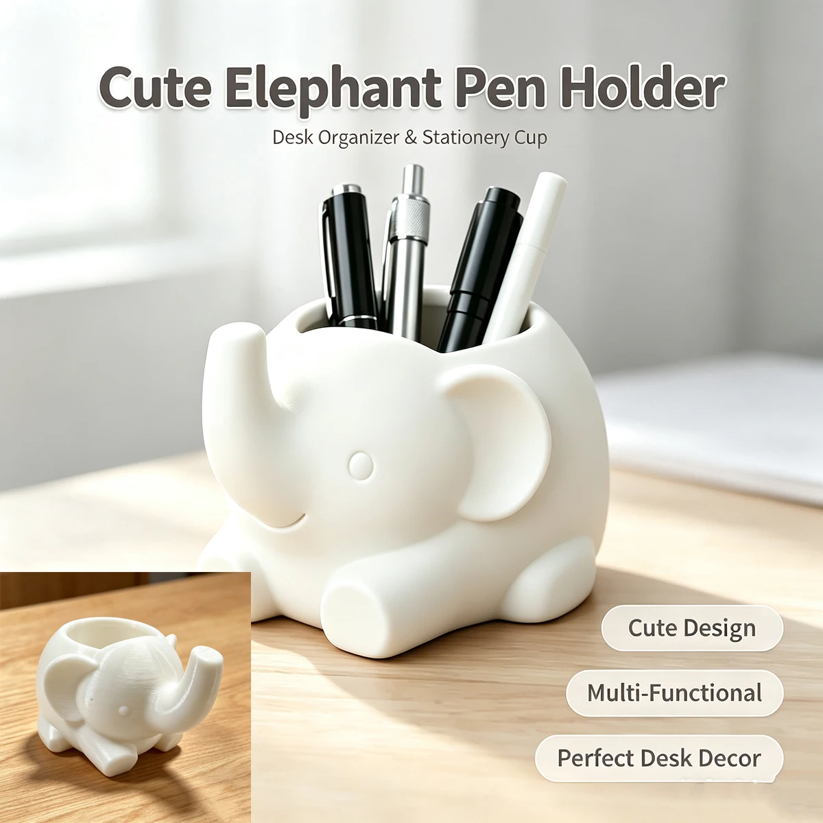 Elephant Pen Holder, Cute Animal Shape Desktop Organizer, Multifunctional Stationery Storage Container Desk Decor