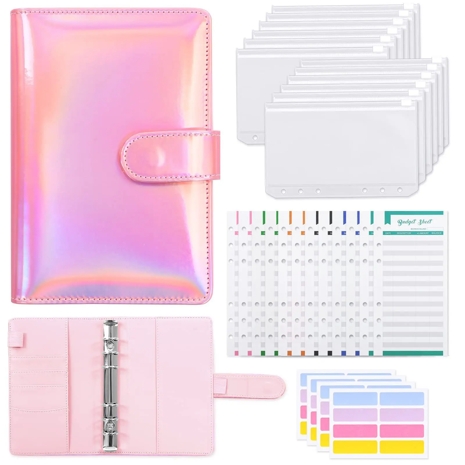 

Makeasy Rainbow PU Notebook Binder Cover Refillable Binder Set With A6 Binder Pockets Personal Planner Organizer Budget Binder