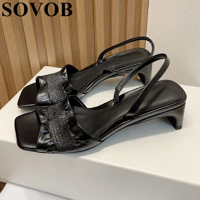 

Summer Genuine Leather Pleated Back Strap Sandals Women Exposed Toes Simple Versatile Sandalis Daily Casual Dress Shoes 2024