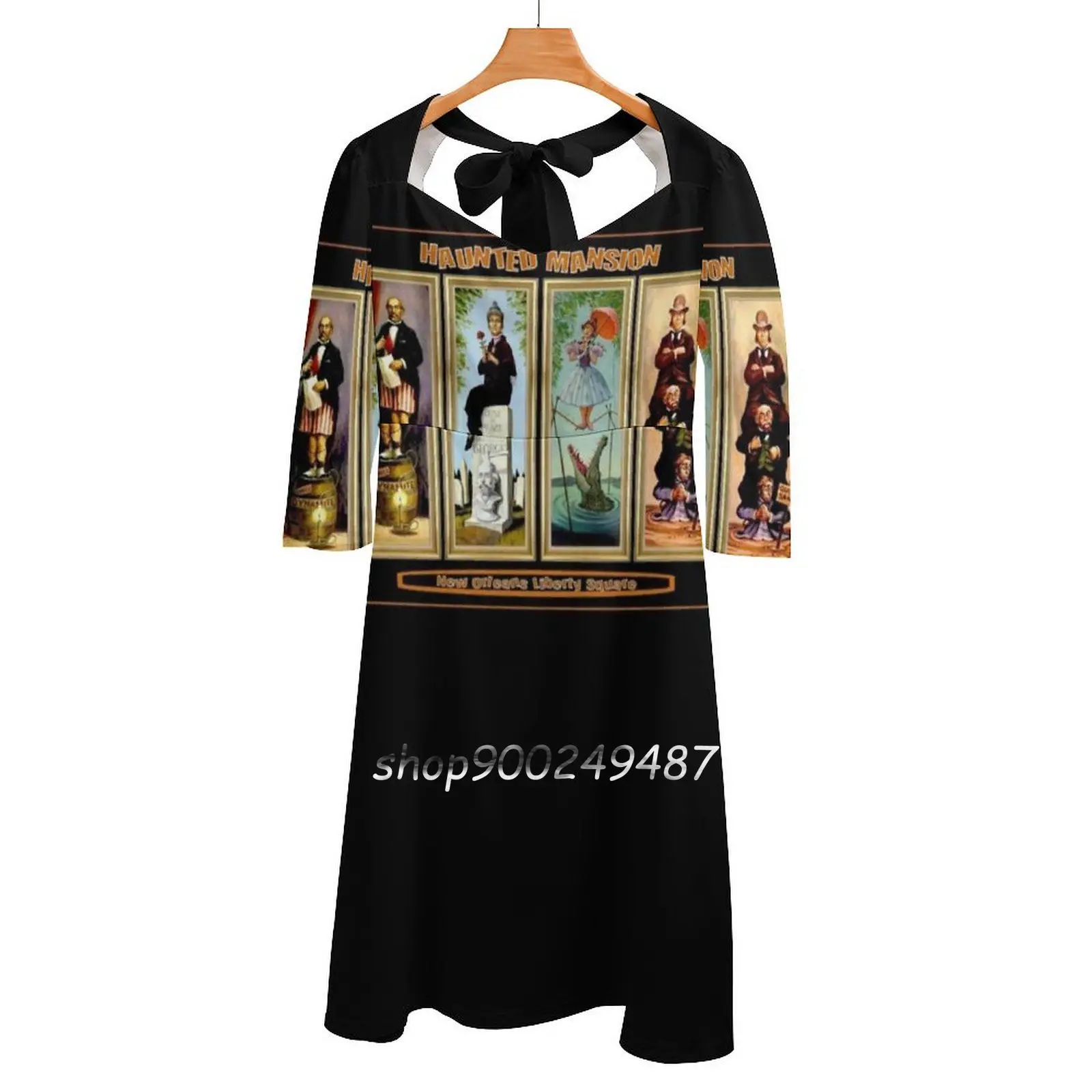 Haunted Mansion : Vintage New Orleans Liberty Square Prints. Flare Dress Square Neck Dress Elegant Female Fashion Printed Dress