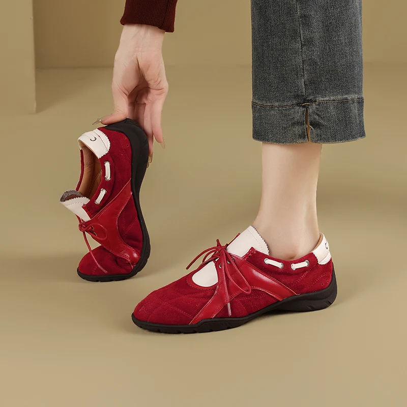 NEW Spring/Autumn Women Shoes Sheep Suede Leather Shoes for Women Soft Round Toe Flats Casual Lace-up Mixed Colors Daily Shoes