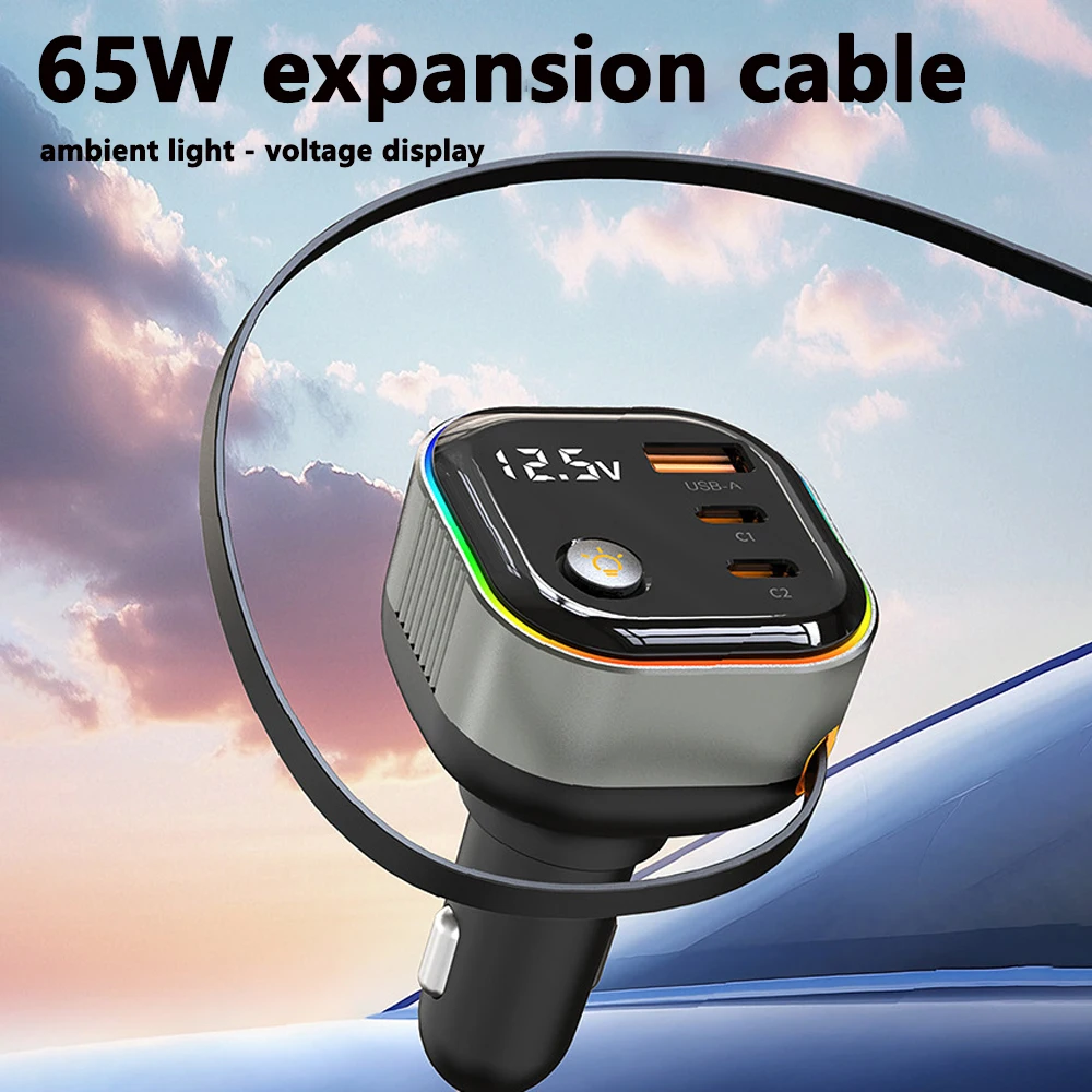 Retractable USB-C Car Charger 65W Fast Charging Car Adapter Dual & USB Ports LED Ambient Light with Digital Voltage Display