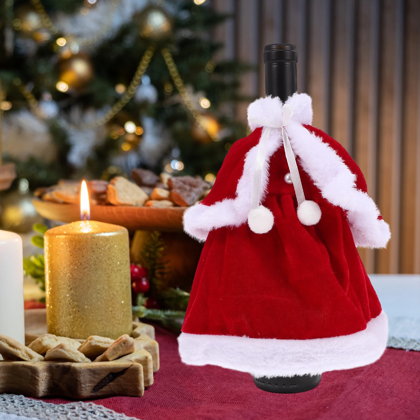 

2pcs Christmas Red Dress Cover For Xmas Party Wine Decoration Bottle Cover Festive Wine Accessory