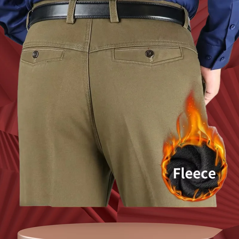 Warm Winter Pants For Man Casual High Waist Straight Black Khaki Thicken Fleece Loose Men Trousers Cotton Oversize 38 40 42