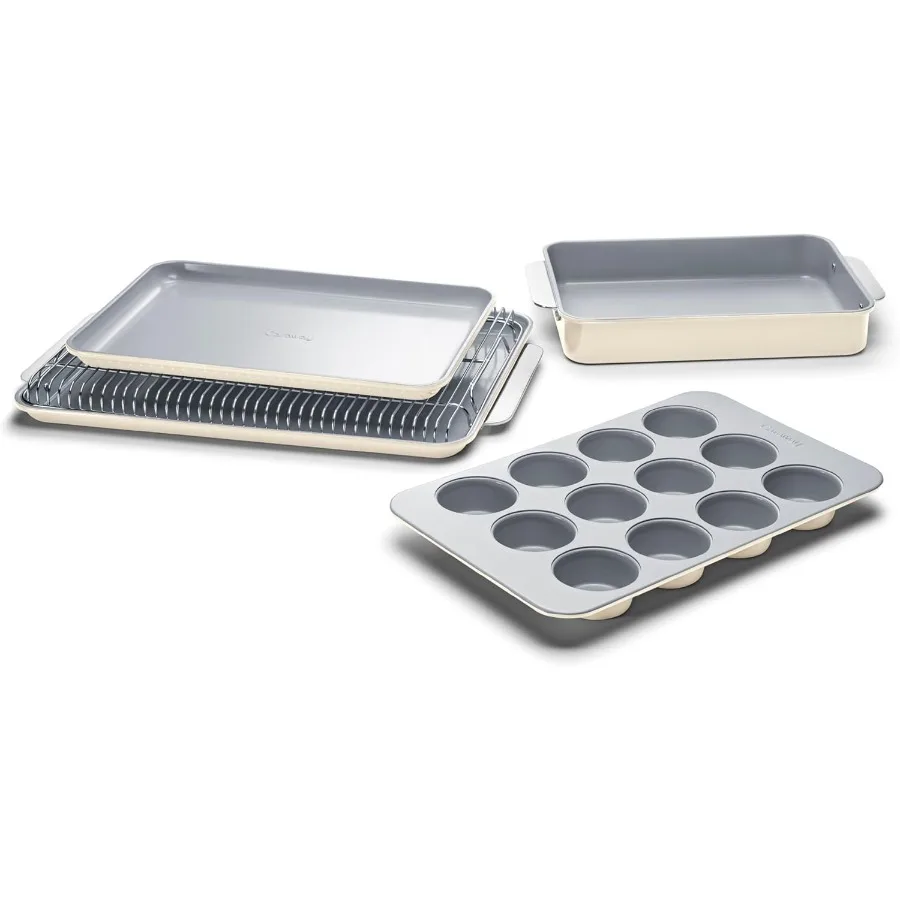 

Nonstick Ceramic Bakeware Set 5 Pieces Baking Sheets Assorted Baking Pans and Storage Aluminized Steel Body Non Toxic PTFE and