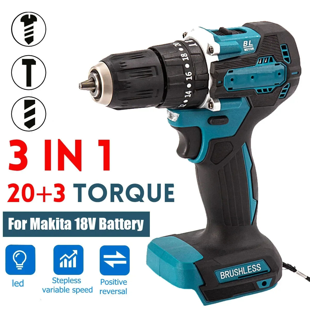 Brushless Cordless Electric Impact Drill Hammer, 3 em 1, 10mm, 20 + 2 Torque, Chave de fenda elétrica, Ferramentas elétricas para bateria Makita