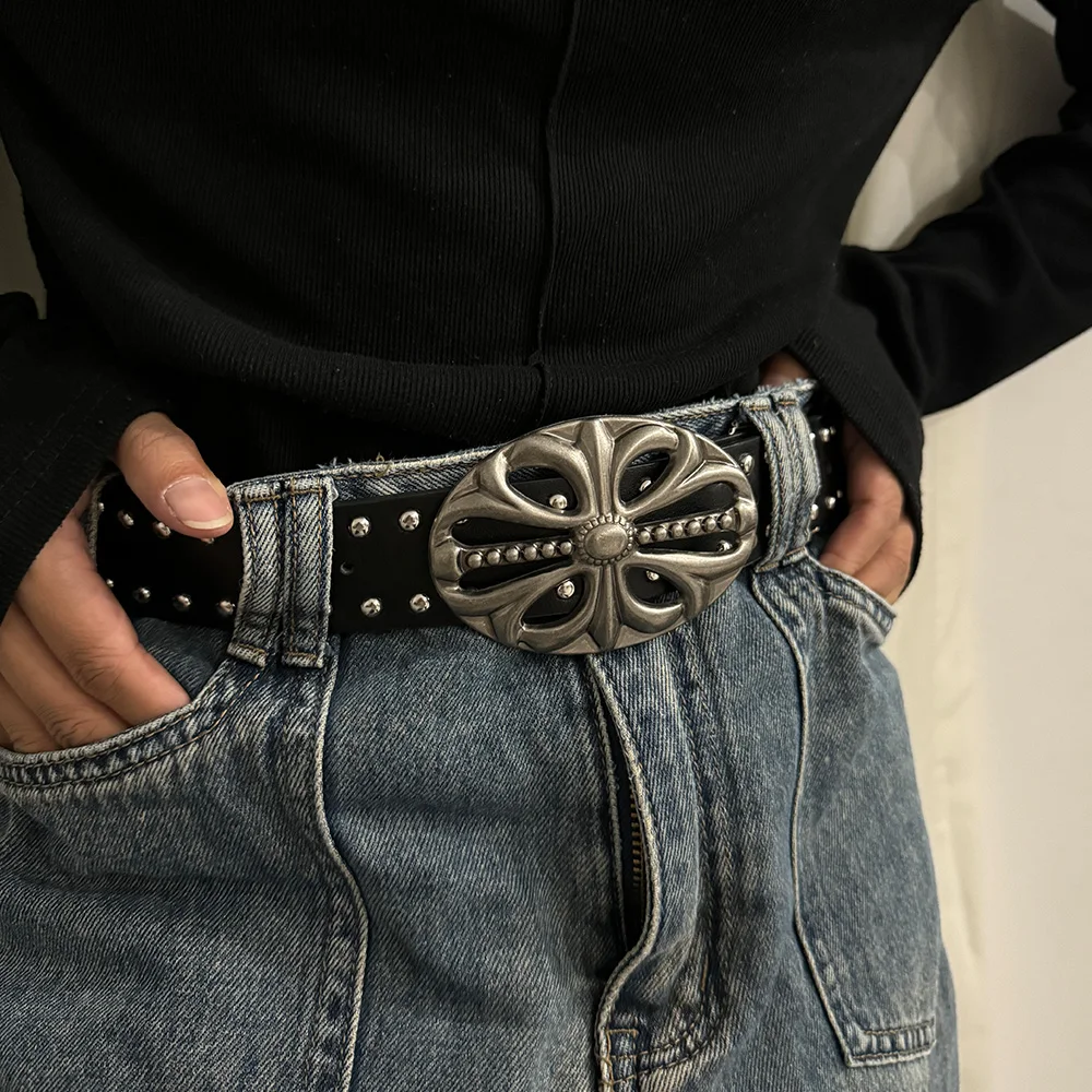 Unisex Jeans Belt Female Punk Gothic Wide Belts For Women Luxury Brands Hollow Cross Hearts Men's belt Male Rivet Waistband