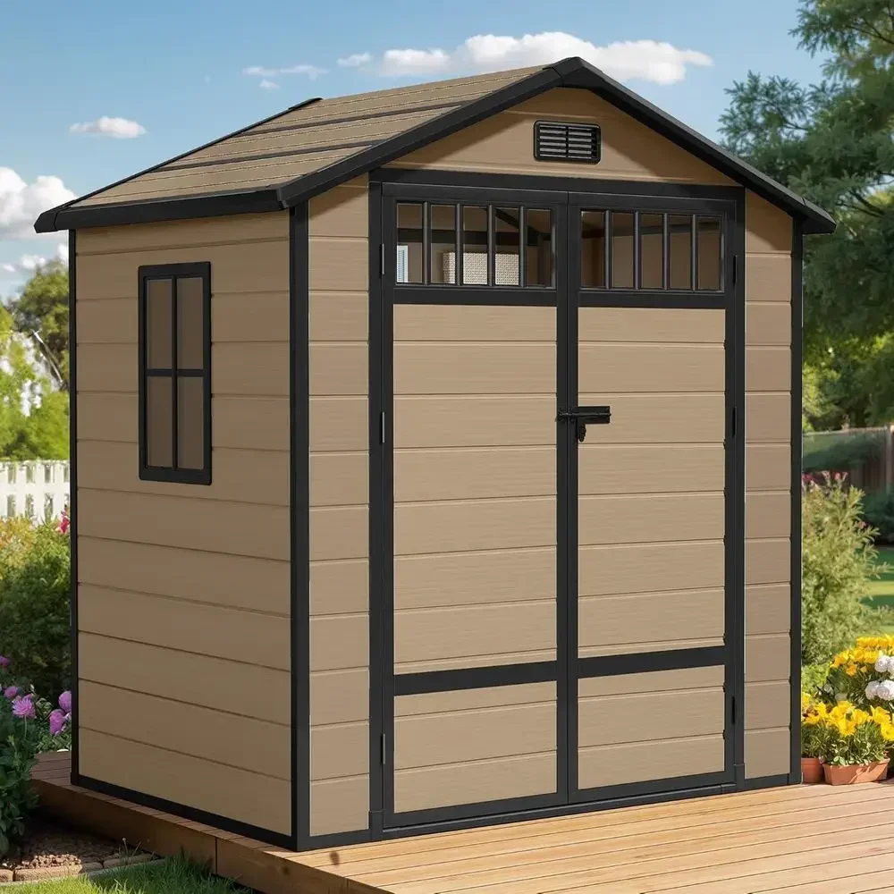 Weather-Resistant Plastic Outdoor Shed with Slanted Roof and Elevated Floor for Garden and Yard Tools