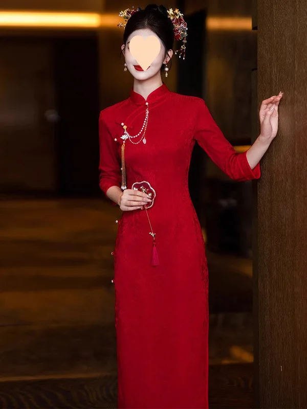 

New Chinese Sle Red Wine Color Modified Qipao Ethnic Sle Long Dr Low Slit Sve Length Seven Sve National Sle