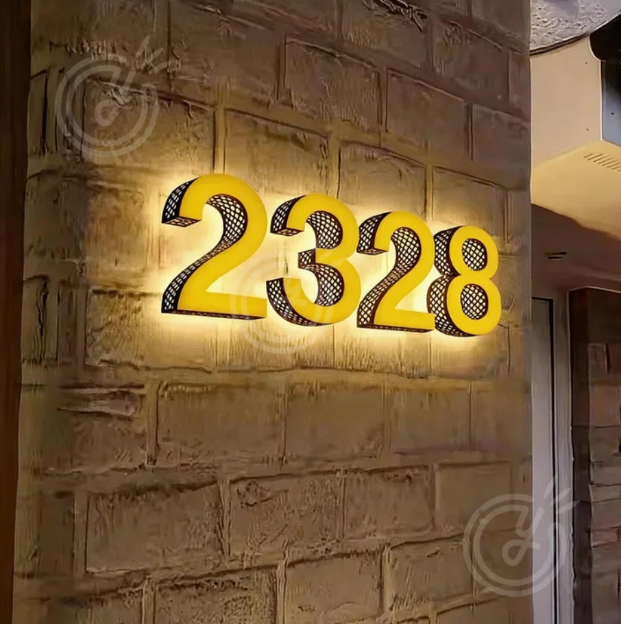 

Custom Outdoor Perforated Metal Signs House Number Acrylic 3D Business Logo Side Lit Door Entrance Signage Channel Light Letters