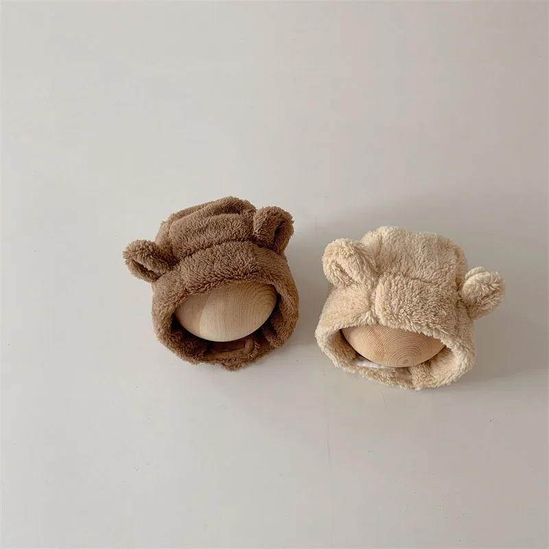 Gorro de felpa para bebé, gorro grueso y cálido con orejas de oso, protección para las orejas, suave, para niños de 0 a 3 años, invierno, 2023