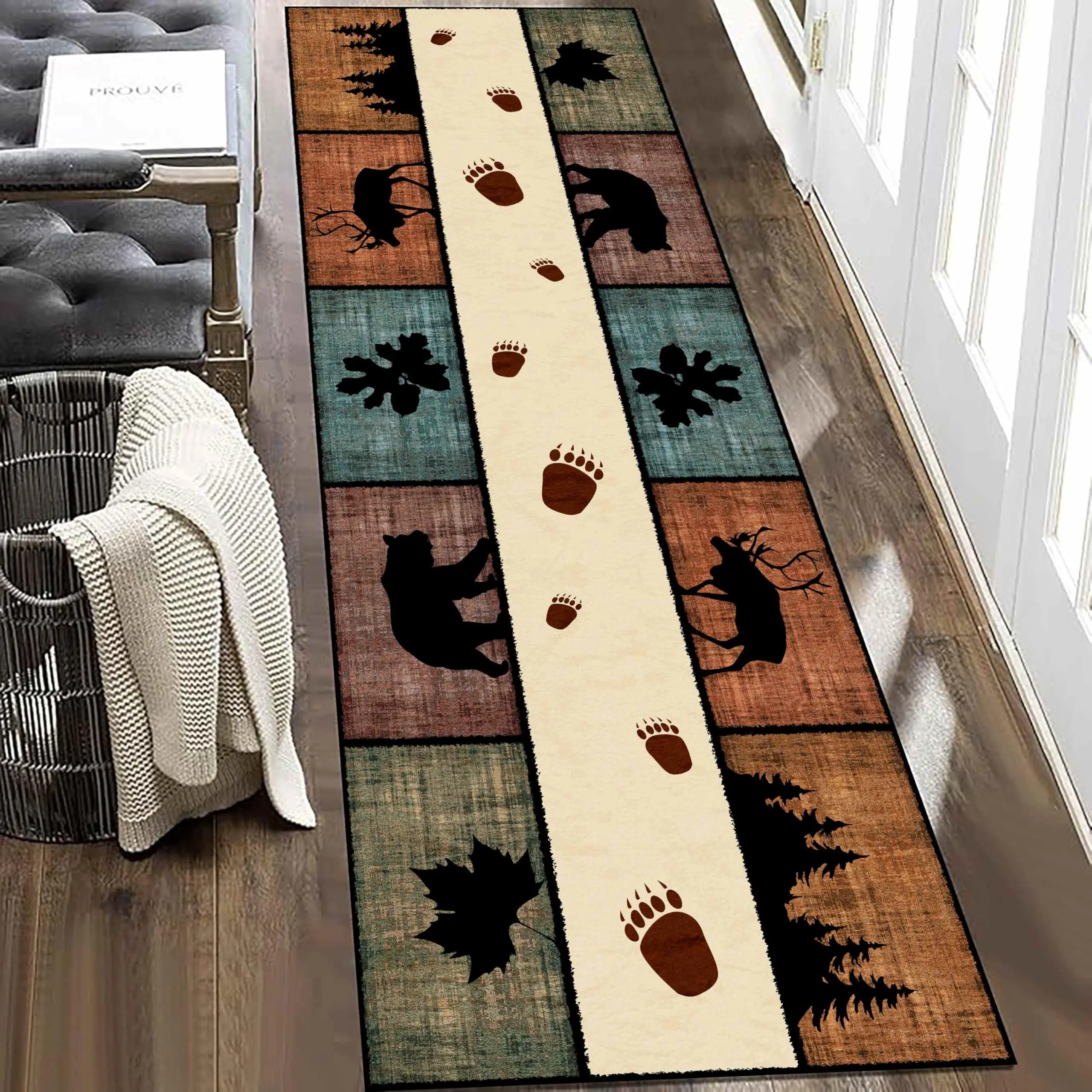 Vintage Lodge Long Rug Elk Bear Wildlife Area Mat Multi Color Plaid Maple Leaves Silhouette Corridor Hallway Decor Carpet