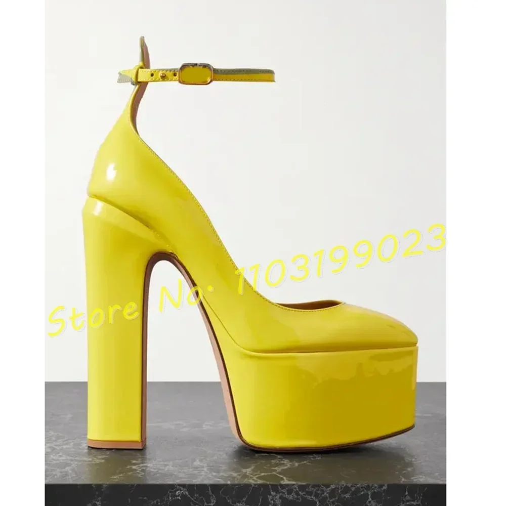 

Yellow Platform High Heels Sandals Women Round Toe Luxury Party Block Heels Shoes Ladies Ankle Strap Cover Heel Clear Shoes