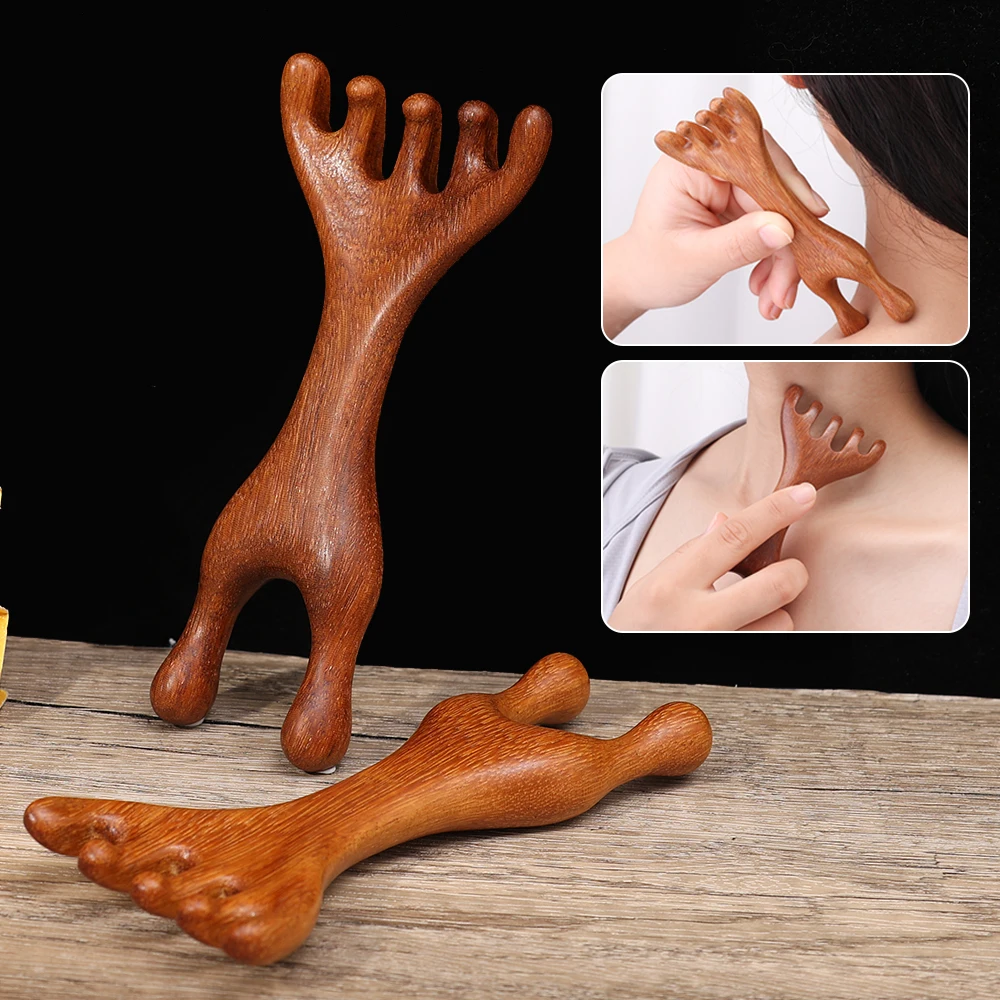 Body Meridian Massage Comb Five Claw Double-end Antler Naturally Reddish Brown Anti-static Sandalwood Massage Tool for Head Neck