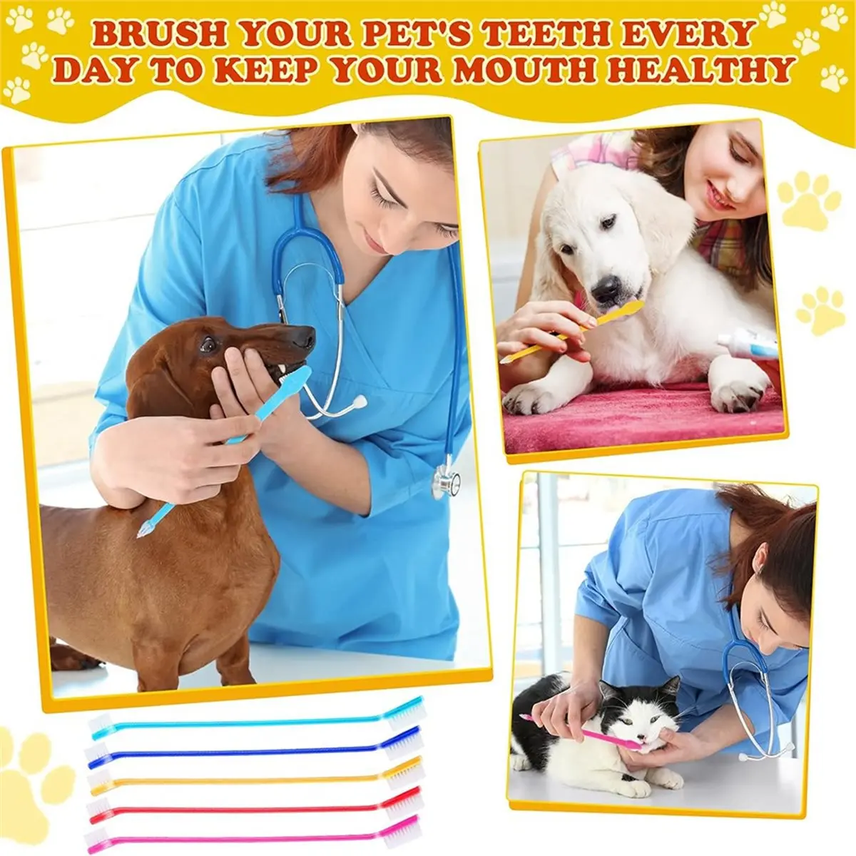 ABZT 100 Pcs Dog Toothbrush Dual Headed Dental Brushes Puppy Tooth Brushing Kit Long Handle Toothbrush for Large and Small