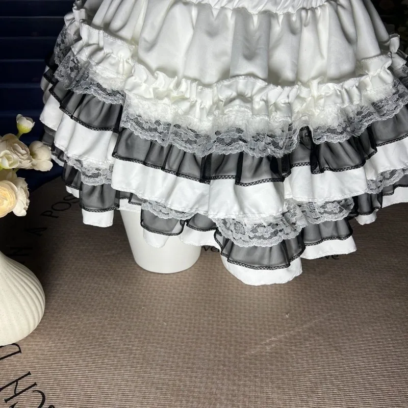 Harajuku Sweet Lolita Fluffy Mini Skirt Women Y2K Lace Patchwork High Waist Cake Skirt Princess Daily Clothing