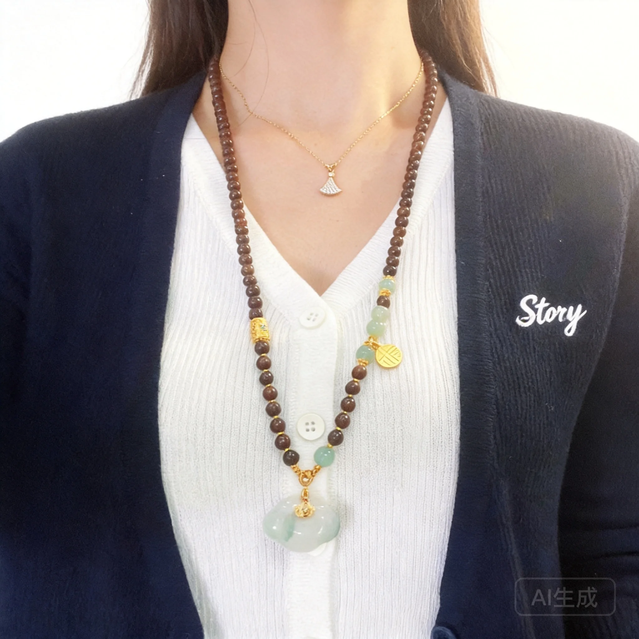 Chinese Style Natural Sandalwood Long Necklace Vintage Hetian Jade Ruyi Pendant Sweater Chain New Chinese Lucky Blessing Fortune