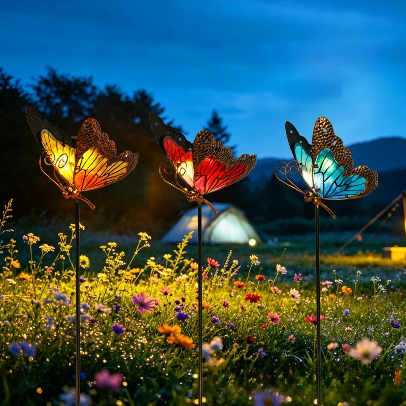 Solar Butterfly Stake Light Wrought Iron Glass Waterproof Outdoor Garden Lawn Yard Decor Lamp