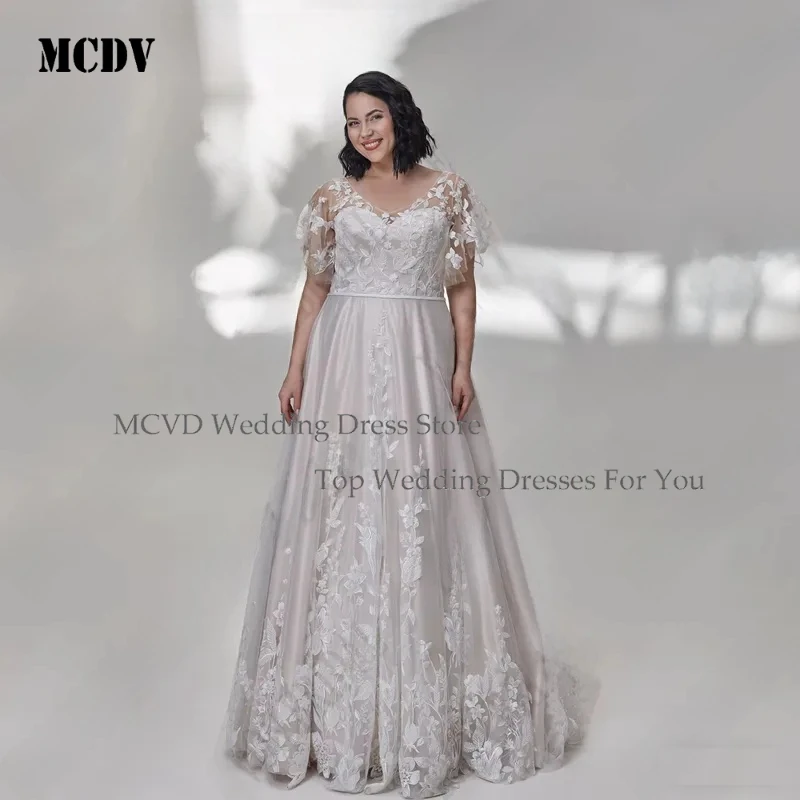 

MCDV Women Plus Size Wedding Dress 2026 V Neck Batwing Sleeves Lace Applique A Line Bridal Gowns Customized