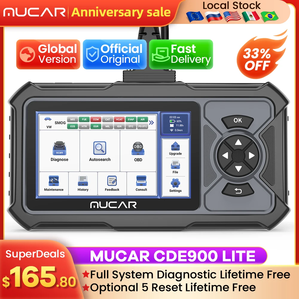 MUCAR CDE900 Lite Auto OBD2 Scanner Full System 5 Reset Lifetime Free Update 32G Erase Code Reader Car Diagnostics Tool