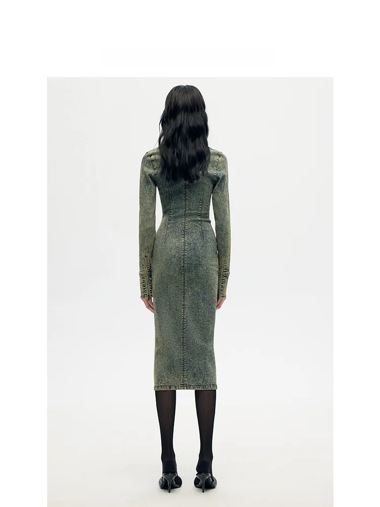 Owrolus tendance rétro Denim longue taille Dr cintrée femmes Dr coton Polyester mélange fermeture à glissière mi-longue