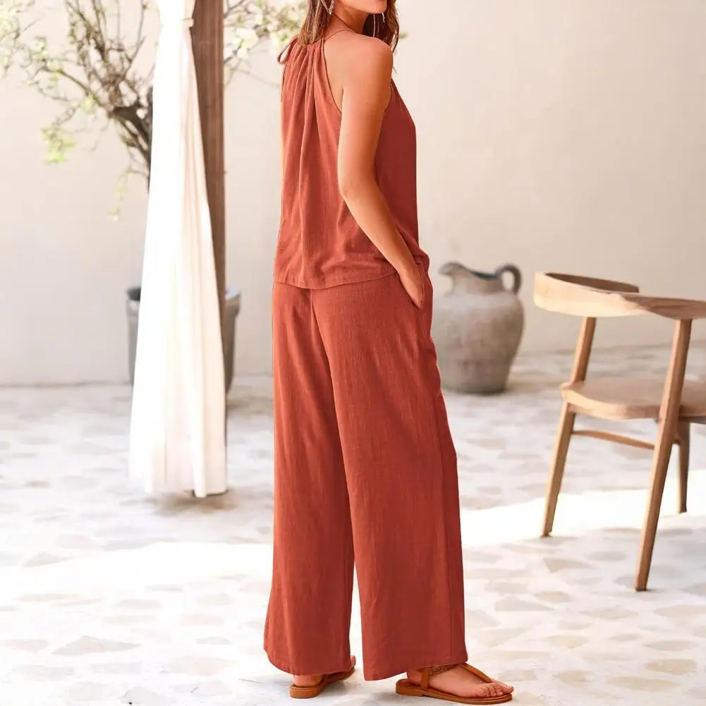 

Womens Sleeveless Summer 2025 Pants Suit Flash Sale Solid Color Elegant Two Piece Round Neck Suit