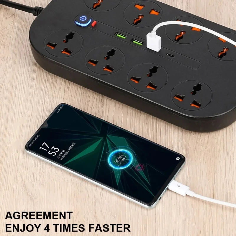 Universal Power Strip Socket With Extension Cable USB Type-C Port For EU US UK Plug AC Outlet Multiprise Network Filter Adapter