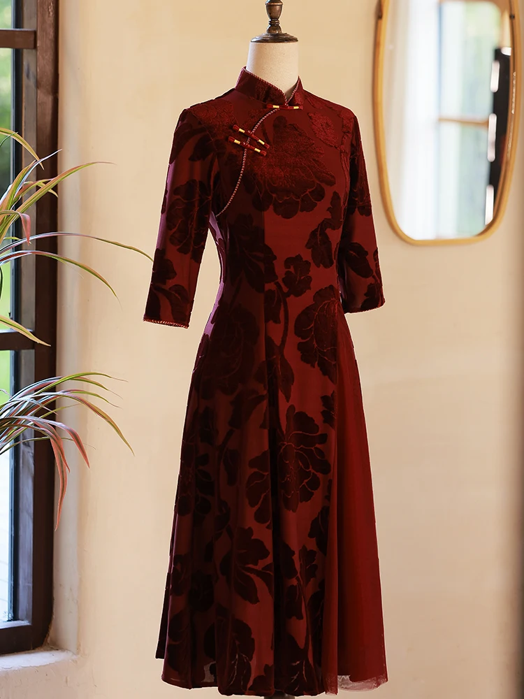 

Red Long Sve Wedding Dr for Mother in Law Autumn Winter High End Feelings Chinese Traditional Wedding Costume