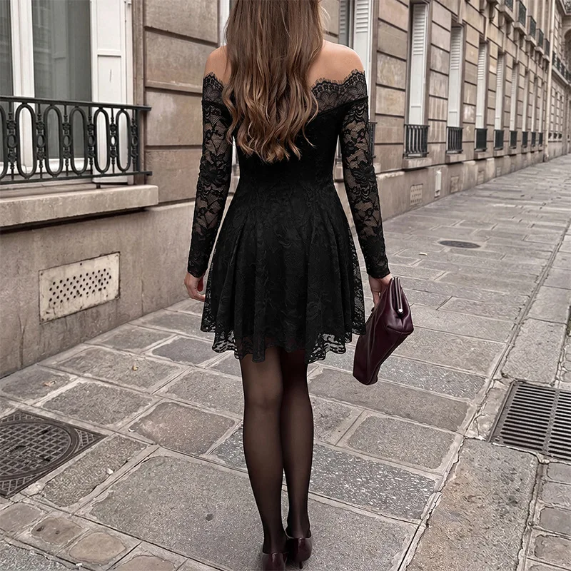 Women Lace Spliced Dresses A Line Solid Dress Mini Lenth Long Sleeves Slash Neck Waist Cinch Slim Fit Casual Elegant 2026 Summer