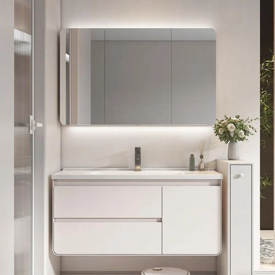 65Cm 75cm 85 cream smart solid wood bathroom cabinet uncut ceramic integrated basin washbasin