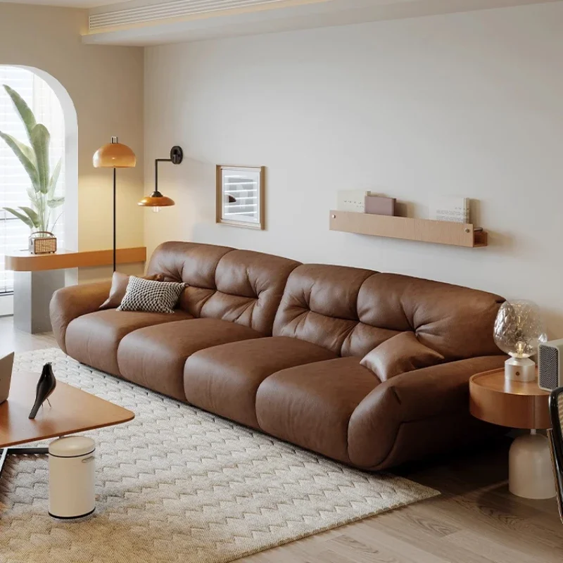 

Italian minimalist leather sofa, living room small apartment three people straight row pine brown advanced