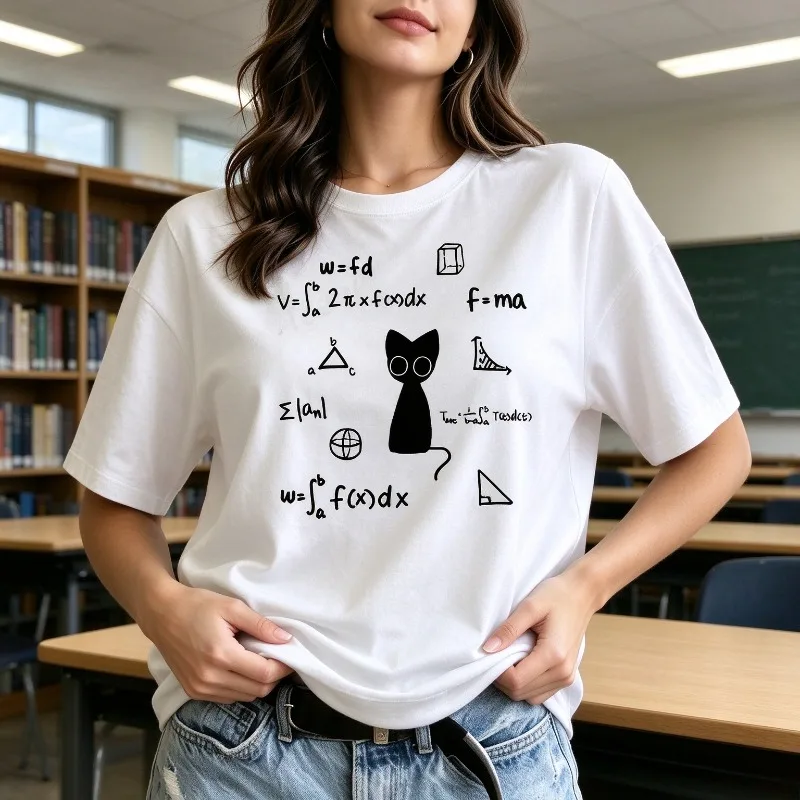 Black Cat Math Physics Formula T Shirt Funny Science Graphic Modal Tee Casual Short Sleeve Top for School Office Daily Gift