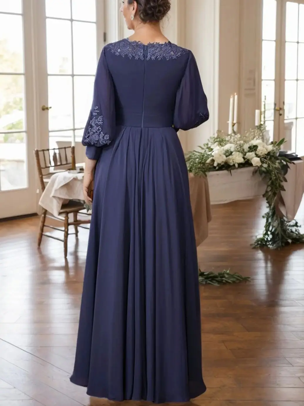 Robe trapèze élégante pour mère de la mariée, en mousseline de soie et dentelle, encolure bateau, manches 3/4, ourlet asymétrique froncé, personnalisée gratuitement, 2025