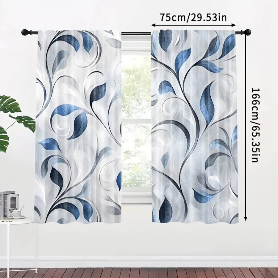 2PCS Digital Print  Curtain, Gray Blue Curly Leaves, Rustic Farmhouse Window Treatment Drape for Bedroom Kitchen Decor