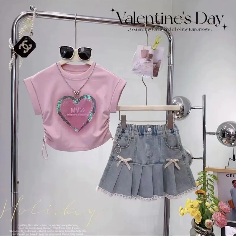 

Summer Fashion Girls Clothes Suit New Children's Knit Short sleeved T-shirt + Denim Shorts Korean 2pcs/Set Costumes 4 - 14Years