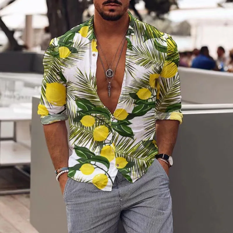 2025 Autumn New Men's Youth Fashion Shirt with Random Digital Printing, Fashionable and Casual Versatile Wide Songhua Shirt