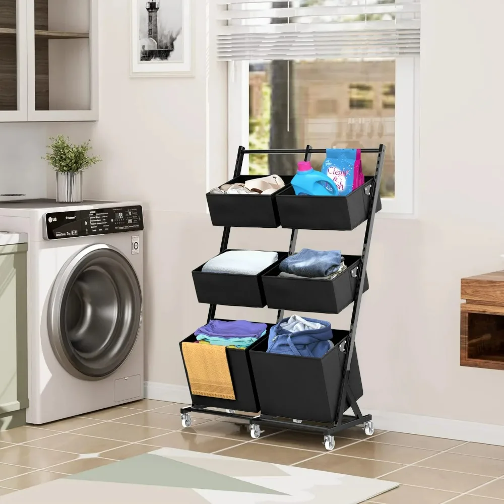 

3 Tier Rolling Laundry Basket Cart, Adjustable Freestanding Laundry Hamper with 6 Storage Baskets, Laundry Clothes Storage Cart